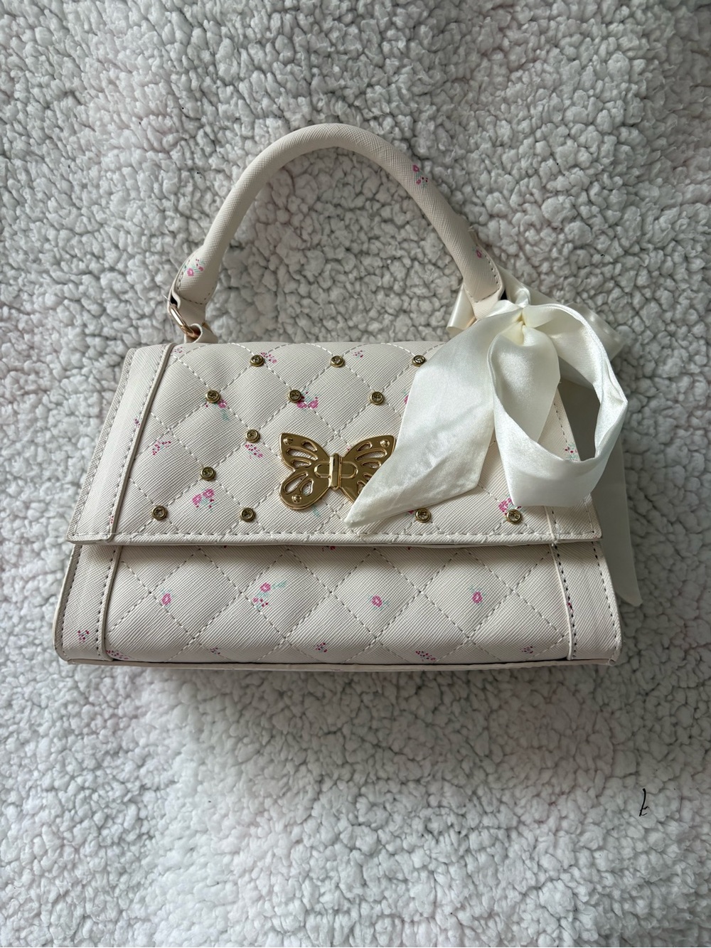 Under One Sky Cream Quilted Mini Top-Handle Bag with Gold Butterfly